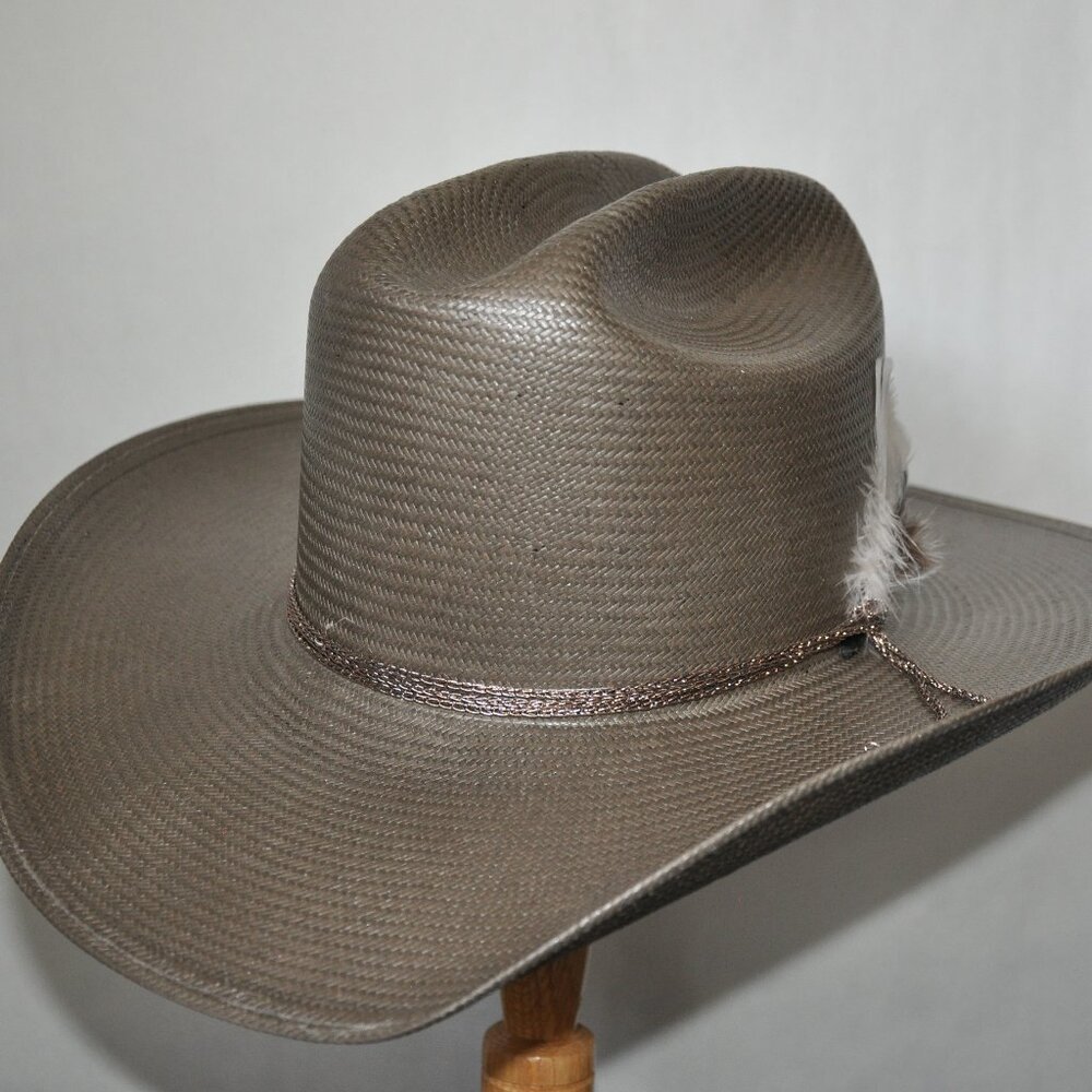 Classic Western Straw Rancher Hat in Taupe with Feather Trim